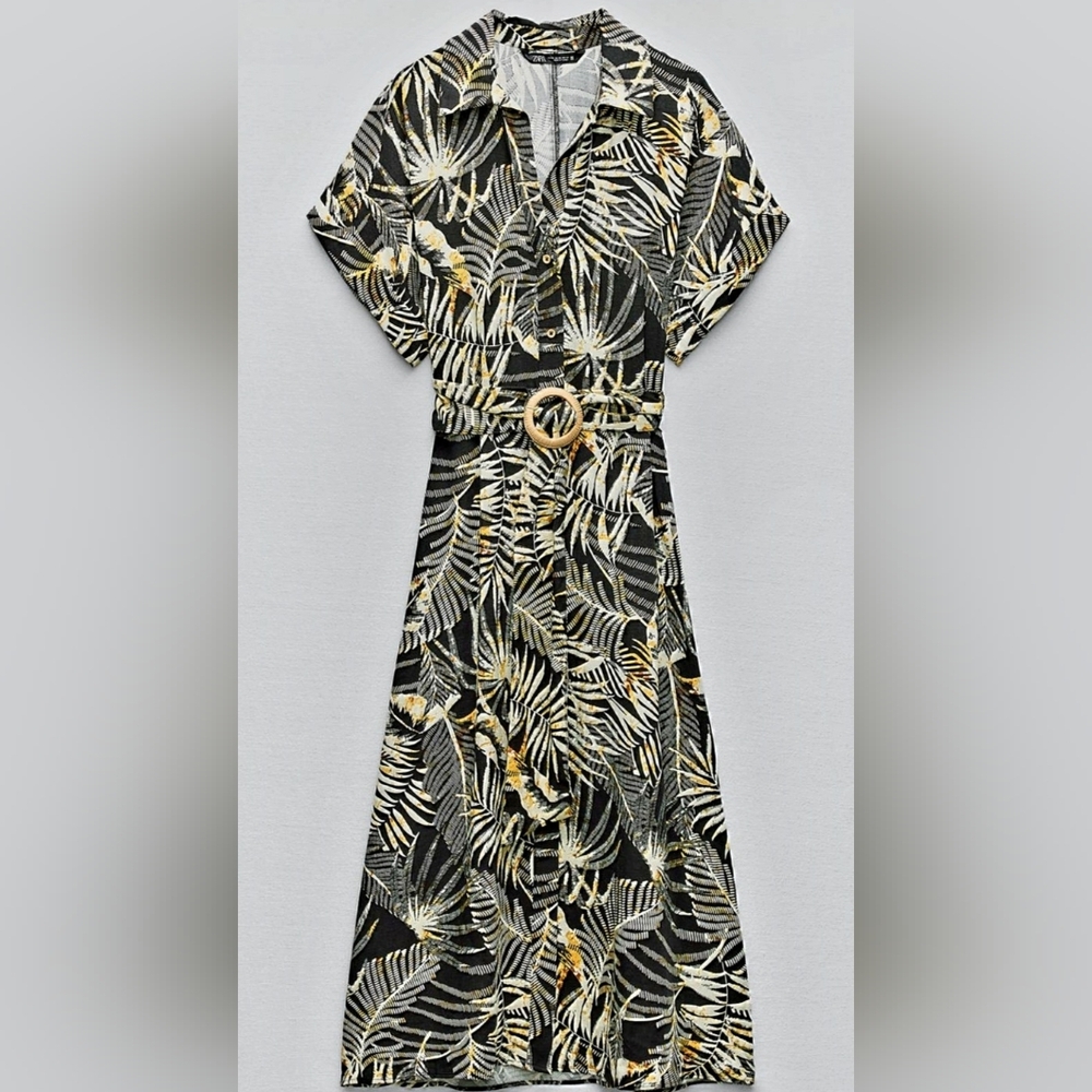 TROPICAL PRINT LINEN BLEND DRESS XS|BlackLike new.